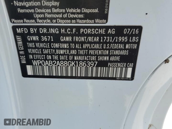 2016 Porsche Cayman S with VIN WP0AB2A88GK186397, listed as a Copart auction lot 74141924 with Not Provided miles and Salvage Title. Bid and sale history available at DreamBid. Image 13.