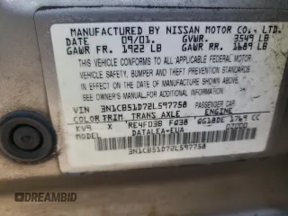 2002 Nissan Sentra GXE z VIN 3N1CB51D72L597758, wystawiony jako Copart lot #60155975 z przebiegiem 95 922 mil mil oraz Nie do naprawy • Non repairable. Historia ofert i sprzedaży dostępna na DreamBid. Obrazek 13.