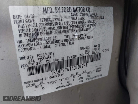 2010 Ford Taurus Limited with VIN 1FAHP2FW1AG101231, listed as a IAAI auction lot 41649972 with 75,147 mi miles. Bid and sale history available at carsss.com. Image 9.