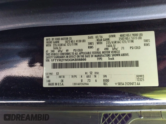 2016 Ford Transit с VIN 1FTYR2YM3GKB56866, выставлен на аукционе IAAI как лот 42646667 с пробегом 125 629 миль миль и . История ставок и продаж доступна на DreamBid. Изображение 4.