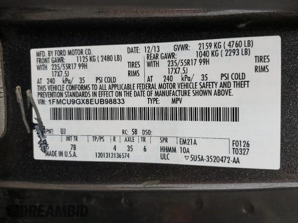 2014 Ford Escape SE with VIN 1FMCU9GX8EUB98833, listed as a Copart auction lot 50234445 with 181,893 mi miles and Clean Title. Bid and sale history available at DreamBid. Image 13.