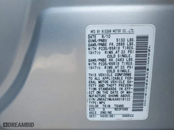 2010 Nissan Murano S with VIN JN8AZ1MU4AW016122, listed as a IAAI auction lot 41812322 with 113,585 mi miles. Bid and sale history available at carsss.com. Image 9.
