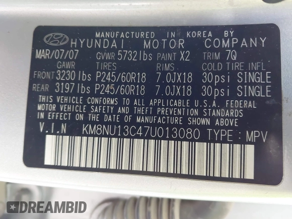 2007 Hyundai Veracruz GLS z VIN KM8NU13C47U013080, wystawiony jako IAAI lot #41618329 z przebiegiem 180 432 mil mil oraz . Historia ofert i sprzedaży dostępna na DreamBid. Obrazek 9.
