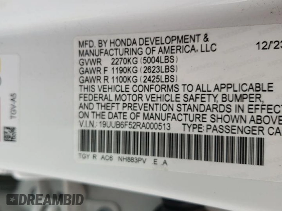 2024 Acura TLX w/A-Spec Package with VIN 19UUB6F52RA000513, listed as a Copart auction lot 70409754 with 0 mi miles and Salvage Title. Bid and sale history available at carsss.com. Image 14.