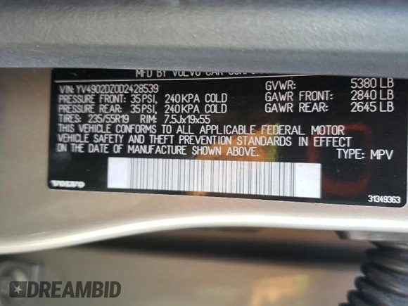 2013 Volvo XC60 T6 with VIN YV4902DZ0D2428539, listed as a Copart auction lot 49141265 with 102,037 mi miles and Salvage Title. Bid and sale history available at carsss.com. Image 14.