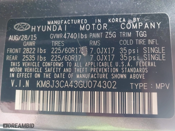 2016 Hyundai Tucson SE with VIN KM8J3CA43GU074302, listed as a IAAI auction lot 41957992 with 175,614 mi miles. Bid and sale history available at carsss.com. Image 9.
