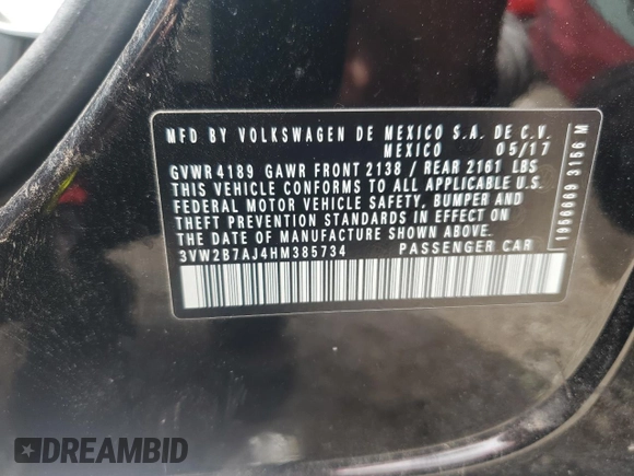 2017 Volkswagen Jetta S z VIN 3VW2B7AJ4HM385734, wystawiony jako Copart lot #58156175 z przebiegiem 145 865 mil mil oraz Szkoda całkowita • Salvage title. Historia ofert i sprzedaży dostępna na DreamBid. Obrazek 12.