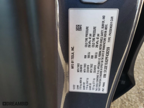 2023 Tesla Model 3 with VIN 5YJ3E1EA2PF438259, listed as a Copart auction lot 44572595 with 28,194 mi miles and Salvage Title. Bid and sale history available at carsss.com. Image 15.