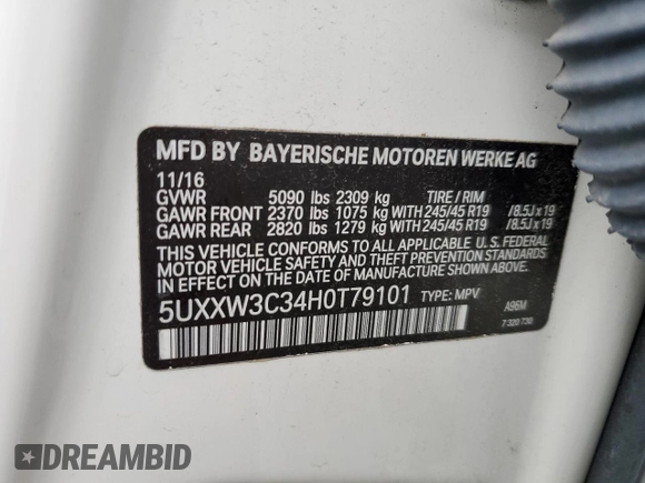 2017 BMW X4 xDrive28i with VIN 5UXXW3C34H0T79101, listed as a Copart auction lot 37219594 with 65,125 mi miles. Bid and sale history available at carsss.com. Image 15.