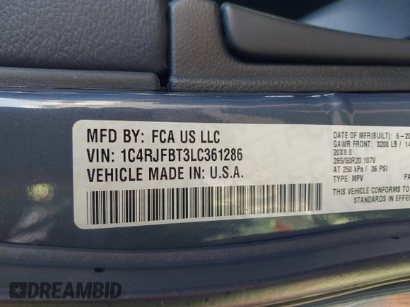 2020 Jeep Grand Cherokee Limited X z VIN 1C4RJFBT3LC361286, wystawiony jako IAAI lot #41350264 z przebiegiem 44 923 mil mil oraz . Historia ofert i sprzedaży dostępna na DreamBid. Obrazek 9.