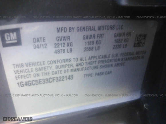 2012 Buick LaCrosse Leather with VIN 1G4GC5E33CF322148, listed as a IAAI auction lot 18565305 with 17,352 mi miles. Bid and sale history available at carsss.com. Image 9.