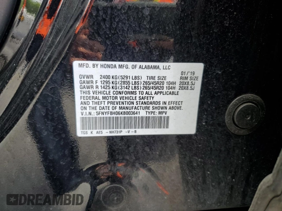 2019 Honda Passport Elite with VIN 5FNYF8H06KB003641, listed as a Copart auction lot 58218825 with 139,616 mi miles and Salvage title. Bid and sale history available at DreamBid. Image 13.