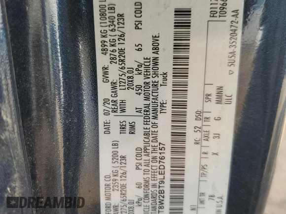 2020 Ford F-250 XL z VIN 1FT8W2BT9LED76157, wystawiony jako Copart lot #79952244 z przebiegiem Nie podano mil oraz Nie do naprawy • Non repairable. Historia ofert i sprzedaży dostępna na DreamBid. Obrazek 13.