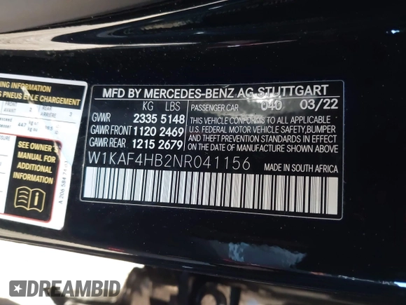 2022 Mercedes-Benz C 300 with VIN W1KAF4HB2NR041156, listed as a IAAI auction lot 41125228 with 19,465 mi miles and . Bid and sale history available at DreamBid. Image 9.