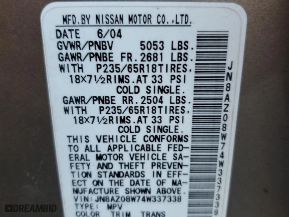 2004 Nissan Murano SL with VIN JN8AZ08W74W337338, listed as a Copart auction lot 77110184 with 0 mi miles and Non Repairable. Bid and sale history available at carsss.com. Image 12.