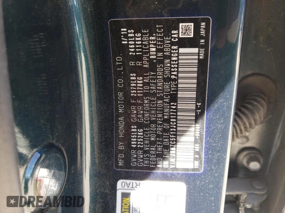 2018 Honda Clarity Plug-In Hybrid with VIN JHMZC5F13JC017742, listed as a Copart auction lot 57843394 with 74,956 mi miles and Salvage Title. Bid and sale history available at carsss.com. Image 12.