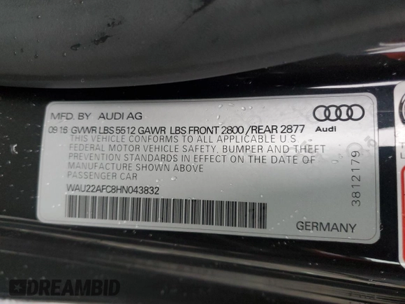 2017 Audi A7 Prestige with VIN WAU22AFC8HN043832, listed as a Copart auction lot 42412214 with 76,025 mi miles. Bid and sale history available at carsss.com. Image 12.