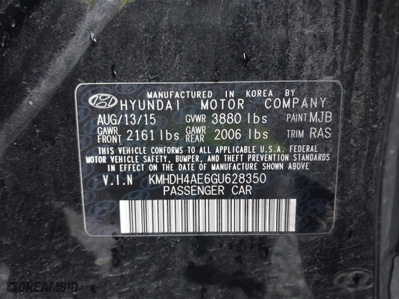 2016 Hyundai Elantra SE with VIN KMHDH4AE6GU628350, listed as a IAAI auction lot 41915493 with 1 mi miles. Bid and sale history available at carsss.com. Image 9.