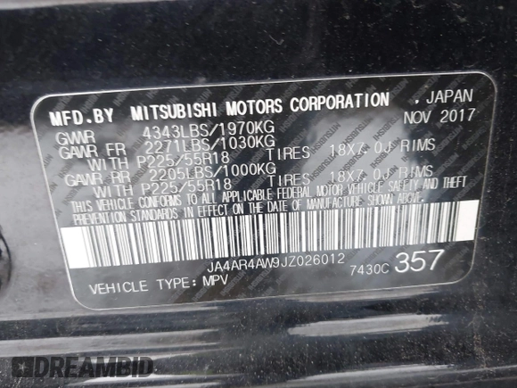 2018 Mitsubishi Outlander SEL with VIN JA4AR4AW9JZ026012, listed as a IAAI auction lot 41163120 with 127,166 mi miles and . Bid and sale history available at DreamBid. Image 9.