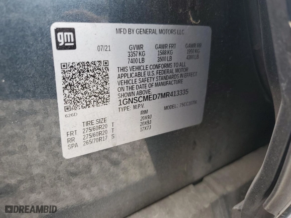 2021 Chevrolet Tahoe LS with VIN 1GNSCMED7MR413335, listed as a Copart auction lot 72067984 with 47,795 mi miles and Salvage Title. Bid and sale history available at carsss.com. Image 13.