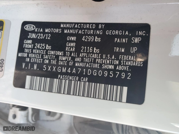 2013 Kia Optima LX with VIN 5XXGM4A71DG095792, listed as a Copart auction lot 50004055 with 190,968 mi miles and Salvage Title. Bid and sale history available at carsss.com. Image 12.