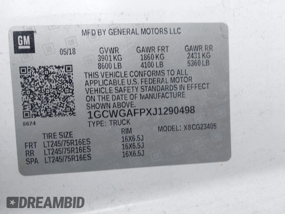 2018 Chevrolet Express Cargo with VIN 1GCWGAFPXJ1290498, listed as a IAAI auction lot 42047738 with 61,466 mi miles and . Bid and sale history available at DreamBid. Image 9.
