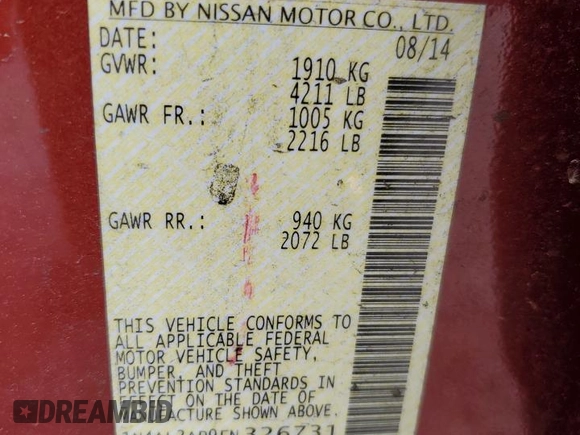 2015 Nissan Altima S with VIN 1N4AL3AP9FN326731, listed as a Copart auction lot 53618855 with 149,958 mi miles and Salvage Title. Bid and sale history available at DreamBid. Image 12.