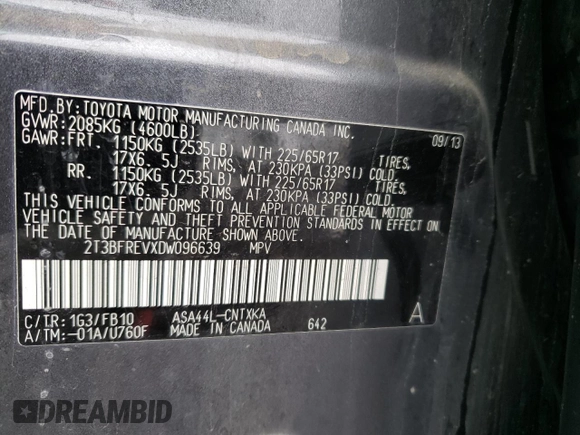 2013 Toyota RAV4 LE with VIN 2T3BFREVXDW096639, listed as a Copart auction lot 51133555 with 163,684 mi miles and Salvage title. Bid and sale history available at DreamBid. Image 13.