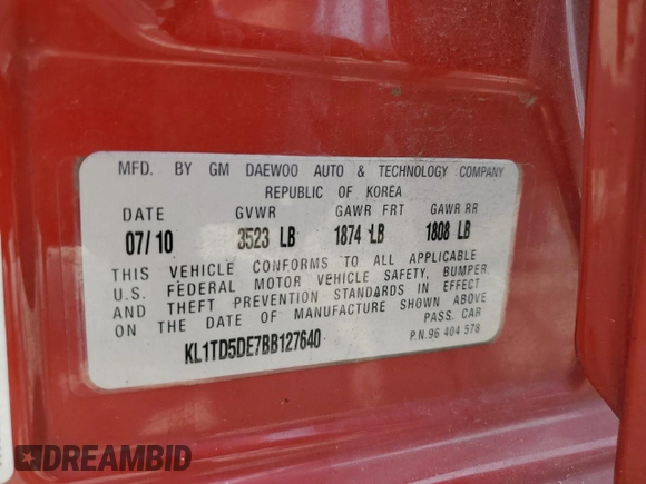 2011 Chevrolet Aveo 1LT with VIN KL1TD5DE7BB127640, listed as a Copart auction lot 59947945 with 110,238 mi miles and Salvage title. Bid and sale history available at DreamBid. Image 12.