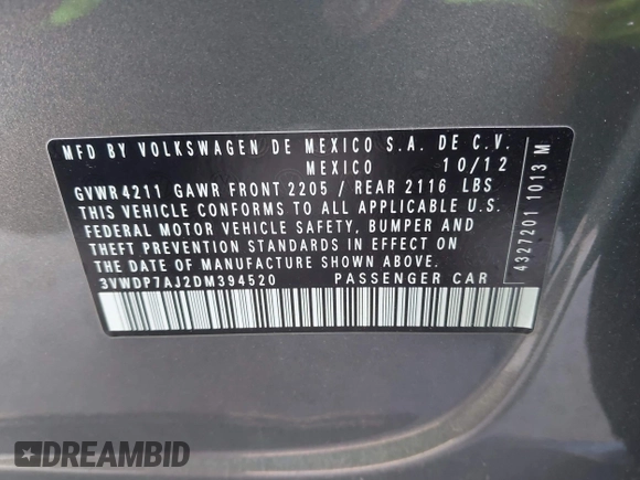 2013 Volkswagen Jetta SE with VIN 3VWDP7AJ2DM394520, listed as a IAAI auction lot 42777144 with 154,836 mi miles and . Bid and sale history available at DreamBid. Image 9.