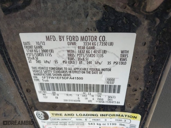 2013 Ford F-150 XL with VIN 1FTFW1EF5DFA41500, listed as a IAAI auction lot 41215195 with 123,160 mi miles. Bid and sale history available at carsss.com. Image 9.