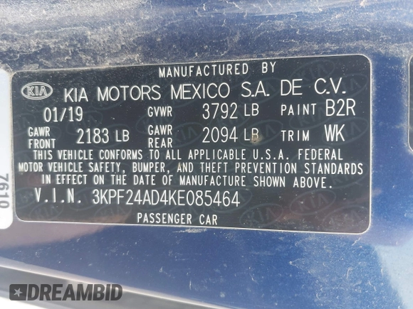 2019 Kia Forte LXS с VIN 3KPF24AD4KE085464, выставлен на аукционе IAAI как лот 42244427 с пробегом 125 403 миль миль и . История ставок и продаж доступна на DreamBid. Изображение 9.