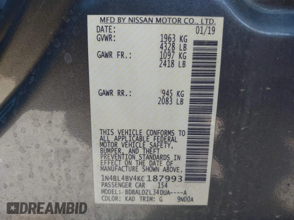 2019 Nissan Altima S z VIN 1N4BL4BV4KC187993, wystawiony jako IAAI lot #41972120 z przebiegiem 107 227 mil mil oraz . Historia ofert i sprzedaży dostępna na DreamBid. Obrazek 9.