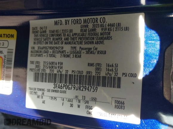 2013 Ford Fusion S with VIN 3FA6P0G79DR294759, listed as a IAAI auction lot 41989625 with 182,455 mi miles. Bid and sale history available at carsss.com. Image 9.