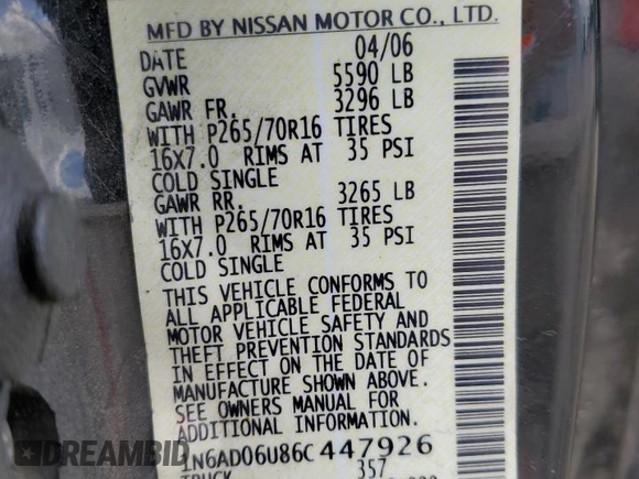 2006 Nissan Frontier SE with VIN 1N6AD06U86C447926, listed as a Copart auction lot 61472295 with 250,263 mi miles and Salvage title. Bid and sale history available at DreamBid. Image 12.