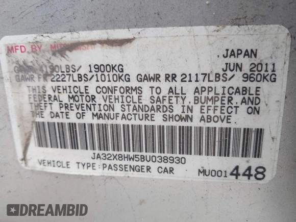 2011 Mitsubishi Lancer GTS with VIN JA32X8HW5BU038930, listed as a IAAI auction lot 42027272 with 177,557 mi miles and . Bid and sale history available at carsss.com. Image 9.