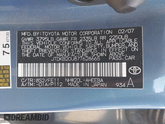 2007 Toyota Prius with VIN JTDKB20U877628665, listed as a IAAI auction lot 42123961 with 157,805 mi miles and . Bid and sale history available at DreamBid. Image 9.