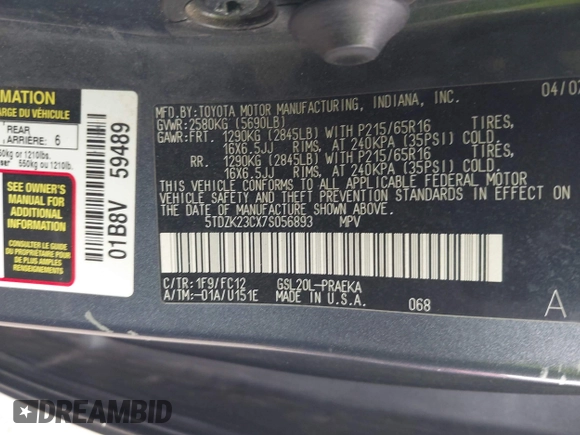 2007 Toyota Sienna CE with VIN 5TDZK23CX7S056893, listed as a IAAI auction lot 41838009 with 284,483 mi miles and . Bid and sale history available at carsss.com. Image 9.