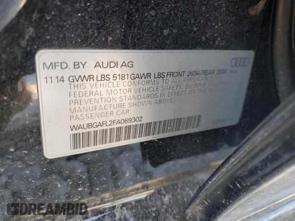 2015 Audi S4 Premium Plus with VIN WAUBGAFL2FA069302, listed as a Copart auction lot 71575294 with 104,664 mi miles and Salvage Title. Bid and sale history available at carsss.com. Image 12.