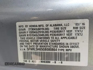 2016 Honda Odyssey EX-L with VIN 5FNRL5H65GB080864, listed as a IAAI auction lot 41476716 with 171,550 mi miles. Bid and sale history available at carsss.com. Image 9.
