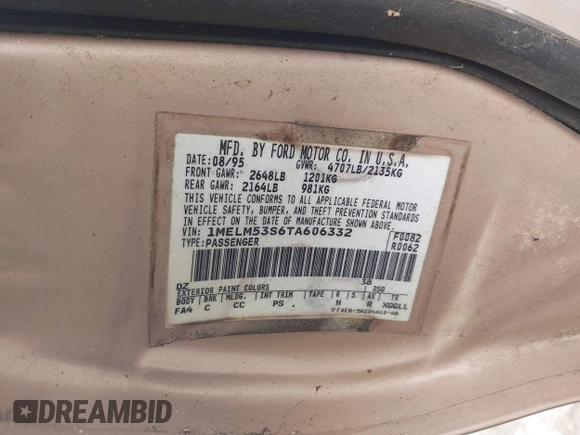 1996 Mercury Sable LS with VIN 1MELM53S6TA606332, listed as a IAAI auction lot 41984196 with 150,924 mi miles and . Bid and sale history available at DreamBid. Image 9.