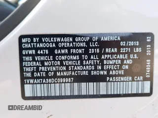 2013 Volkswagen Passat Wolfsburg Edition with VIN 1VWAH7A36DC099987, listed as a IAAI auction lot 42222485 with 106,318 mi miles and . Bid and sale history available at DreamBid. Image 9.