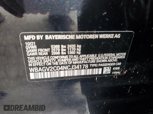 2022 BMW 8 Series 840i z VIN WBAGV2C04NCJ34178, wystawiony jako Copart lot #73813324 z przebiegiem Nie podano mil oraz Szkoda całkowita • Salvage title. Historia ofert i sprzedaży dostępna na DreamBid. Obrazek 13.