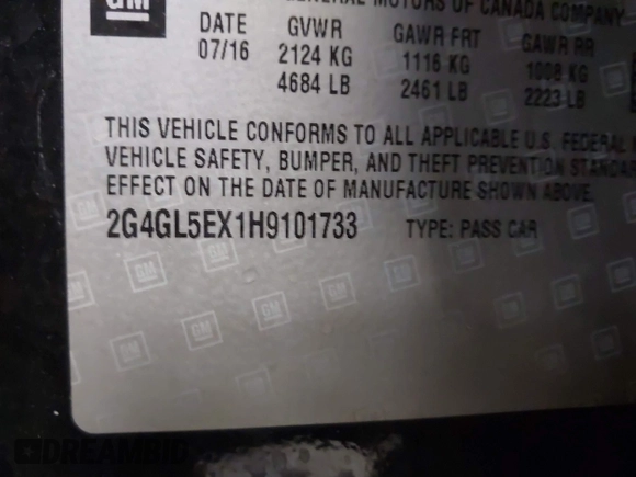 2017 Buick Regal Sport Touring with VIN 2G4GL5EX1H9101733, listed as a IAAI auction lot 41839210 with 122,890 mi miles. Bid and sale history available at carsss.com. Image 9.