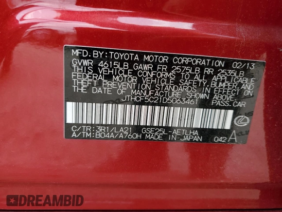 2013 Lexus IS 250 with VIN JTHCF5C21D5063461, listed as a Copart auction lot 58076245 with 134,053 mi miles and Salvage title. Bid and sale history available at DreamBid. Image 13.