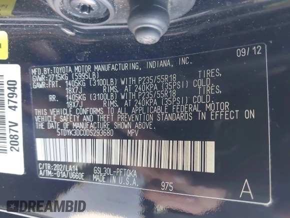2013 Toyota Sienna XLE AAS with VIN 5TDYK3DC0DS293680, listed as a IAAI auction lot 42033734 with 136,171 mi miles and . Bid and sale history available at carsss.com. Image 9.