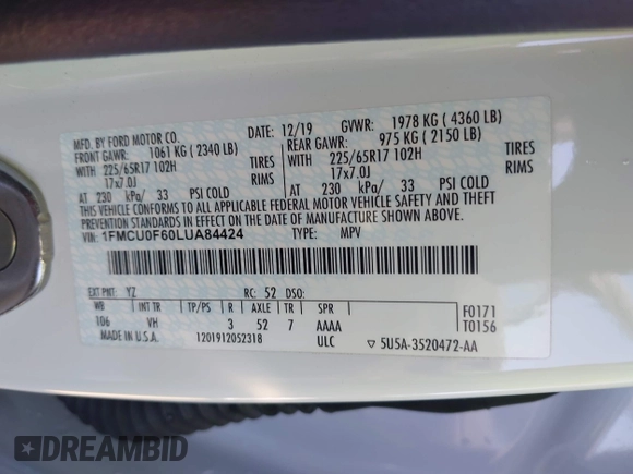 2020 Ford Escape S with VIN 1FMCU0F60LUA84424, listed as a IAAI auction lot 42540300 with 112,790 mi miles and . Bid and sale history available at DreamBid. Image 9.