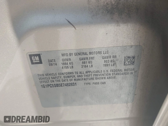2014 Chevrolet Cruze 1LT with VIN 1G1PC5SB5E7482831, listed as a IAAI auction lot 42438860 with 145,007 mi miles and . Bid and sale history available at DreamBid. Image 9.
