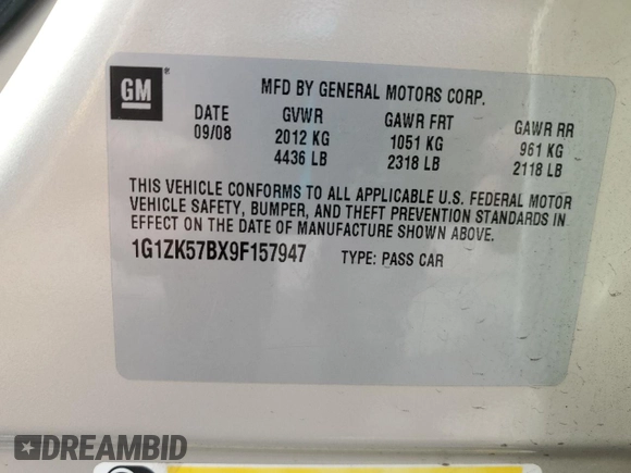 2009 Chevrolet Malibu LTZ with VIN 1G1ZK57BX9F157947, listed as a Copart auction lot 51069945 with 112,133 mi miles and Salvage Title. Bid and sale history available at DreamBid. Image 12.