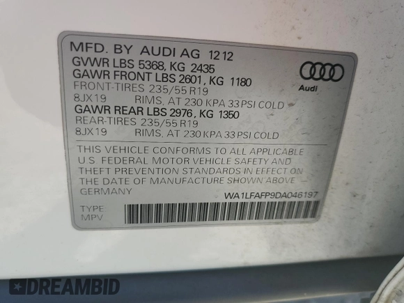 2013 Audi Q5 Premium Plus with VIN WA1LFAFP9DA046197, listed as a Copart auction lot 65804205 with 123,747 mi miles and Clean title. Bid and sale history available at DreamBid. Image 13.